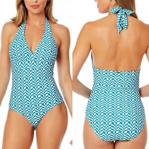 Anne Cole Halter V-Neck One Piece Swimsuit Geometric Blue/White Women's 8 NWT